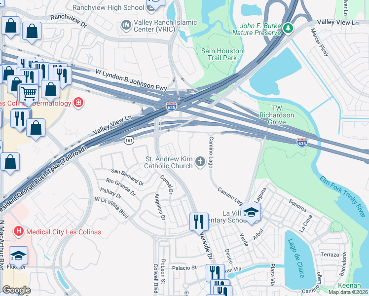 map of restaurants, bars, coffee shops, grocery stores, and more near 7200 North O'Connor Boulevard in Irving