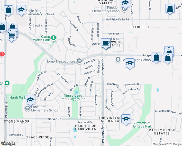 map of restaurants, bars, coffee shops, grocery stores, and more near 9225 Odeum Drive in Fort Worth