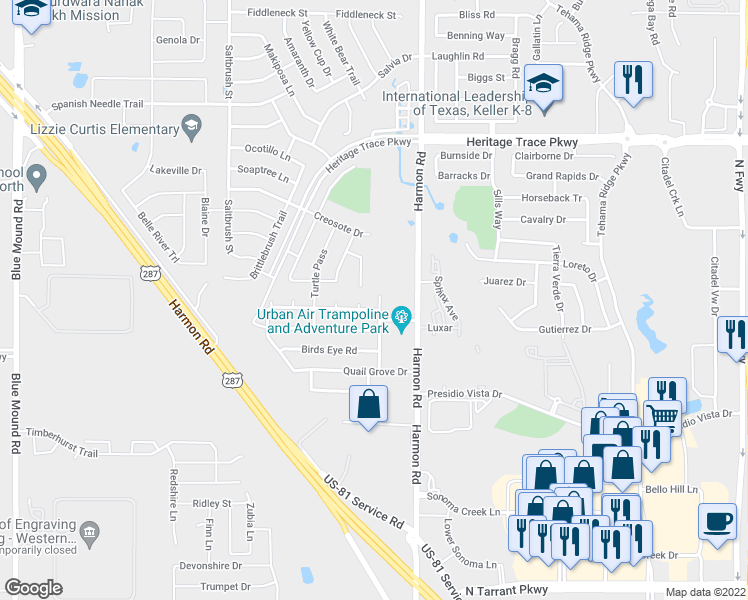 map of restaurants, bars, coffee shops, grocery stores, and more near 9209 White Swan Place in Fort Worth