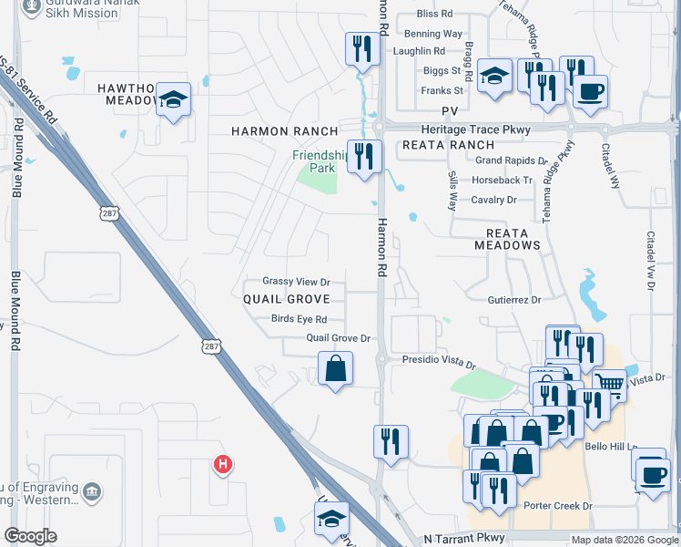 map of restaurants, bars, coffee shops, grocery stores, and more near 9209 White Swan Place in Fort Worth