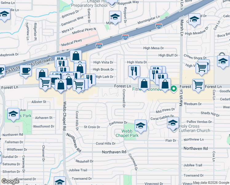 map of restaurants, bars, coffee shops, grocery stores, and more near 3362 Forest Lane in Dallas