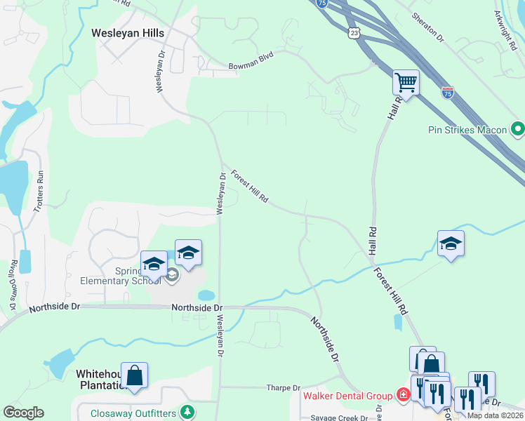 map of restaurants, bars, coffee shops, grocery stores, and more near 2128 Forest Hill Road in Macon