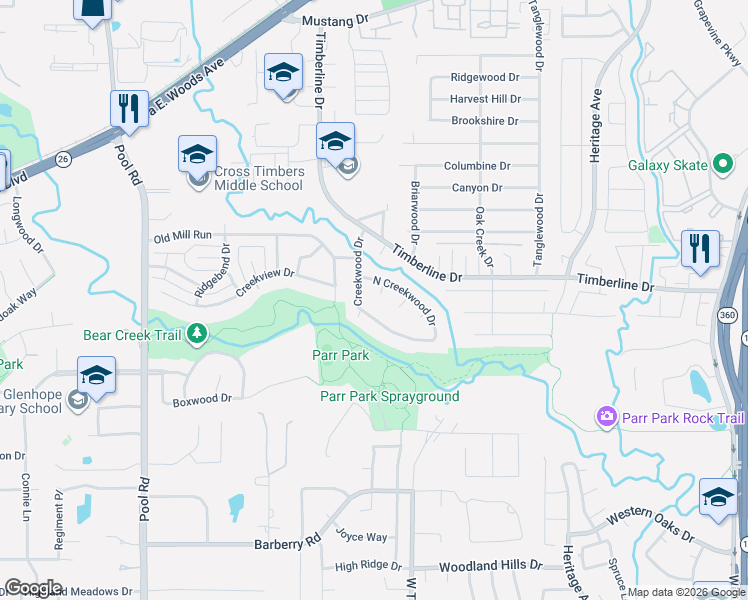map of restaurants, bars, coffee shops, grocery stores, and more near 2827 Creekwood Court in Grapevine