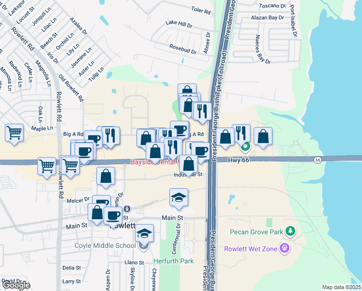 map of restaurants, bars, coffee shops, grocery stores, and more near 4701 Lakeview Parkway in Rowlett