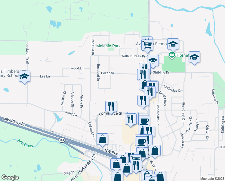map of restaurants, bars, coffee shops, grocery stores, and more near 816 Red Oak Court in Azle