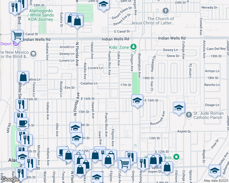 map of restaurants, bars, coffee shops, grocery stores, and more near 1206 Greenwood Lane in Alamogordo