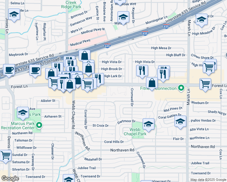 map of restaurants, bars, coffee shops, grocery stores, and more near 3344 Forest Lane in Dallas