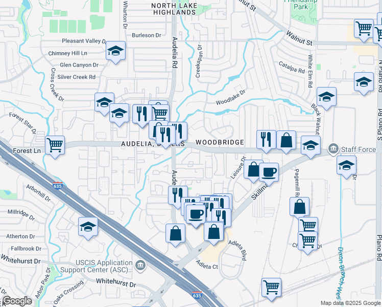 map of restaurants, bars, coffee shops, grocery stores, and more near 11700 Audelia Road in Dallas