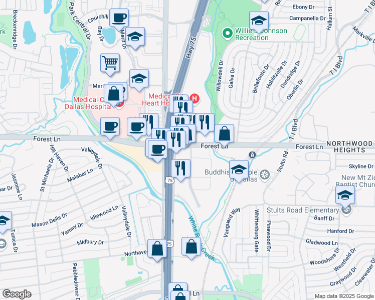 map of restaurants, bars, coffee shops, grocery stores, and more near 8026 Forest Lane in Dallas
