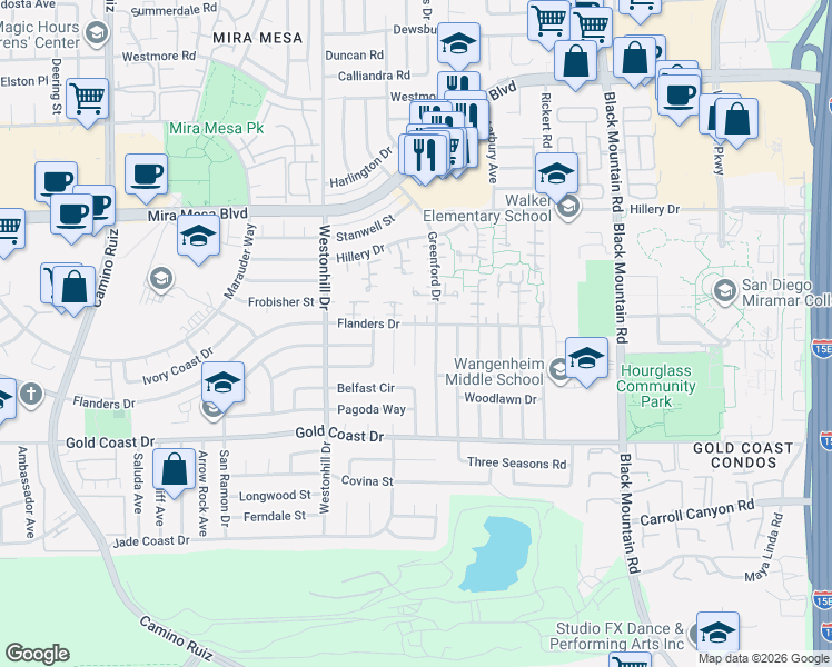 map of restaurants, bars, coffee shops, grocery stores, and more near 10461 Bedfont Circle in San Diego