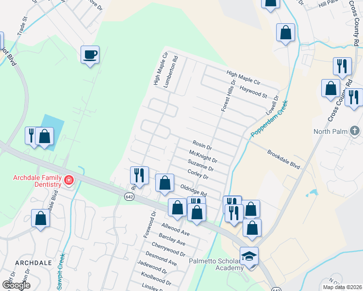 map of restaurants, bars, coffee shops, grocery stores, and more near 7795 McKnight Street in North Charleston