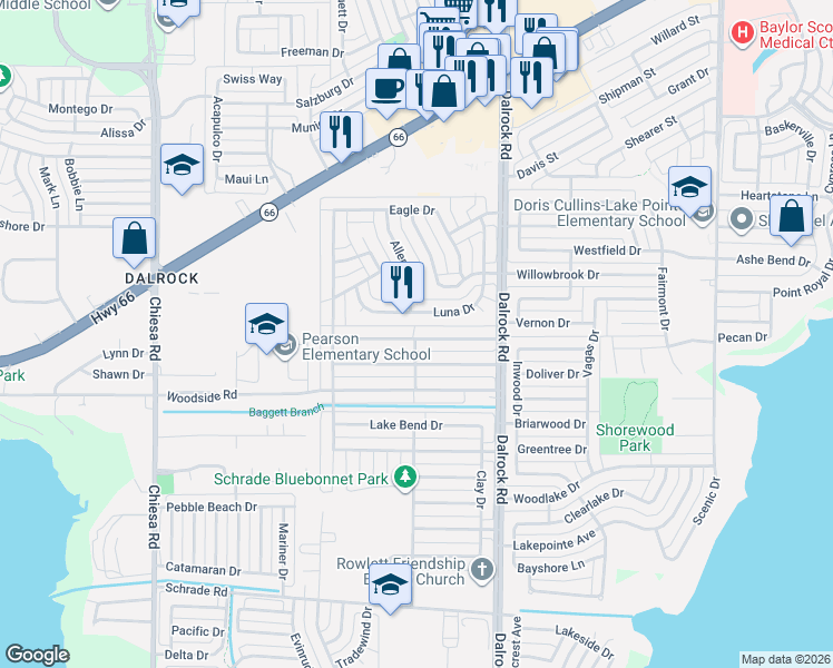 map of restaurants, bars, coffee shops, grocery stores, and more near 8214 Kensington Drive in Rowlett