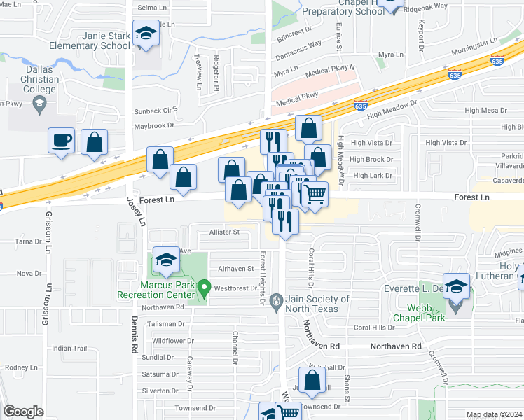 map of restaurants, bars, coffee shops, grocery stores, and more near 11625 Webb Chapel Road in Dallas