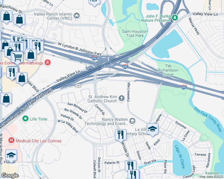 map of restaurants, bars, coffee shops, grocery stores, and more near 7200 North O'Connor Boulevard in Irving