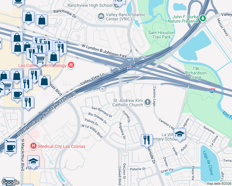 map of restaurants, bars, coffee shops, grocery stores, and more near 23 Comal Drive in Irving