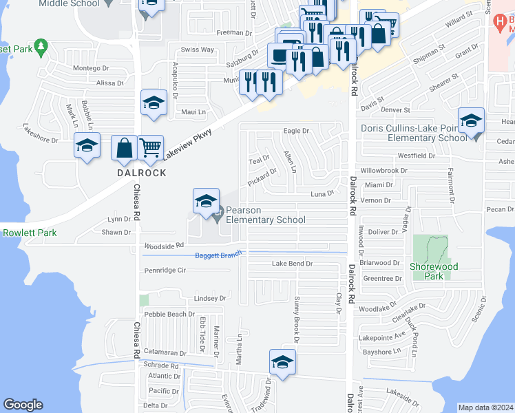 map of restaurants, bars, coffee shops, grocery stores, and more near 8017 Kensington Drive in Rowlett