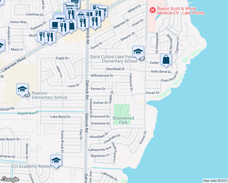 map of restaurants, bars, coffee shops, grocery stores, and more near 5414 Vagas Drive in Rowlett