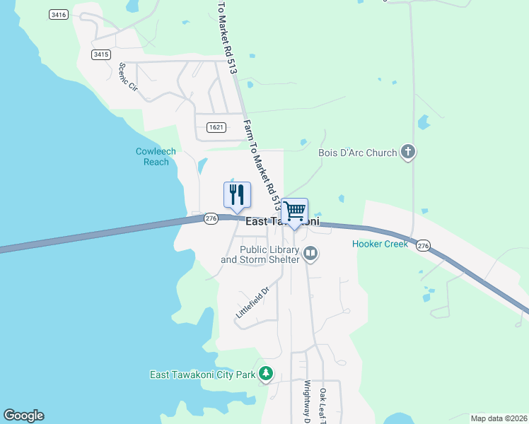 map of restaurants, bars, coffee shops, grocery stores, and more near 121 County Road 513 in East Tawakoni