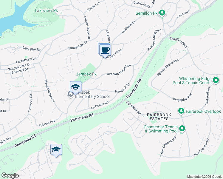 map of restaurants, bars, coffee shops, grocery stores, and more near 11818 Handrich Drive in San Diego