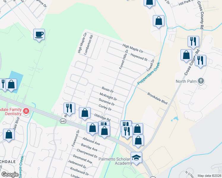 map of restaurants, bars, coffee shops, grocery stores, and more near 7704 Rosin Drive in North Charleston