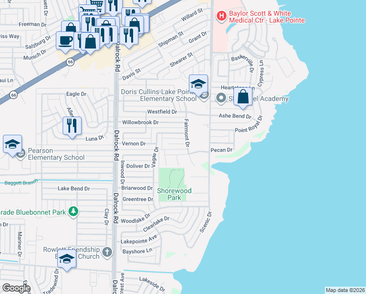 map of restaurants, bars, coffee shops, grocery stores, and more near 9301 Fairmont Court in Rowlett