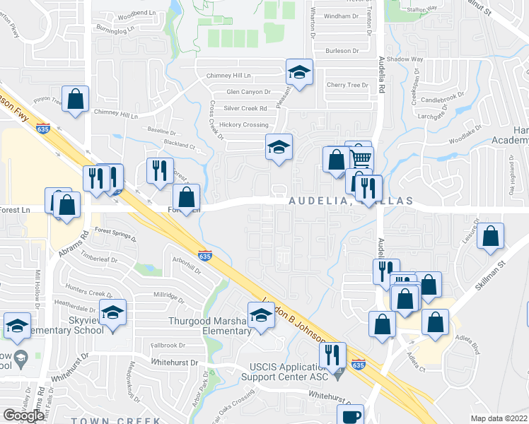 map of restaurants, bars, coffee shops, grocery stores, and more near 47 Oakshire Place in Dallas