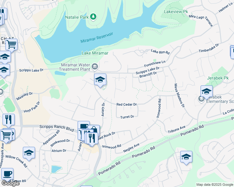 map of restaurants, bars, coffee shops, grocery stores, and more near 10372 Ridgewater Lane in San Diego