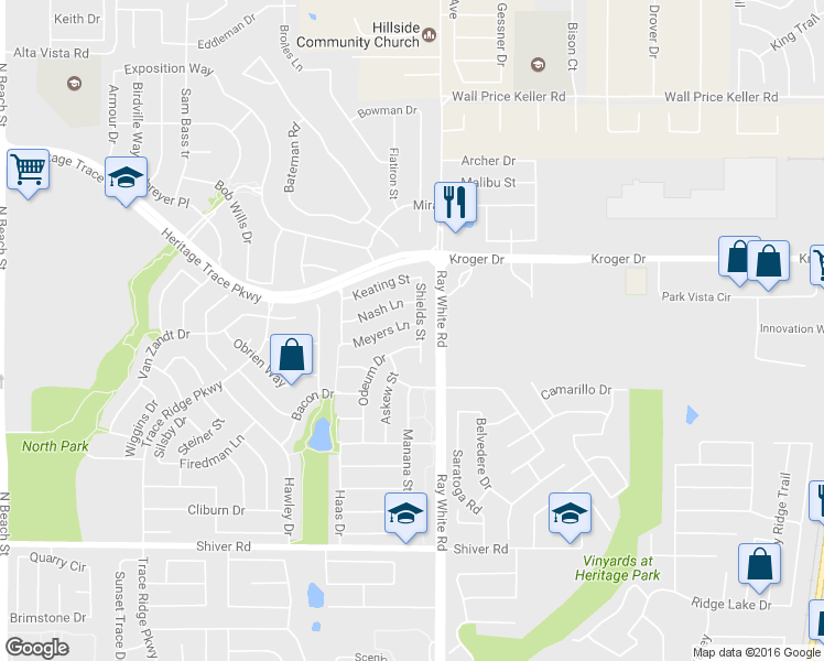 map of restaurants, bars, coffee shops, grocery stores, and more near 5128 Meyers Lane in Fort Worth