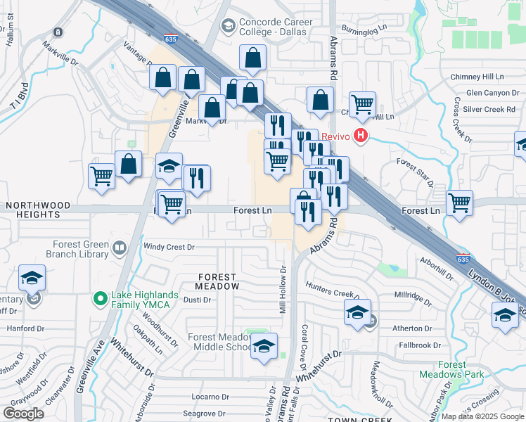 map of restaurants, bars, coffee shops, grocery stores, and more near 9304 Forest Lane in Dallas
