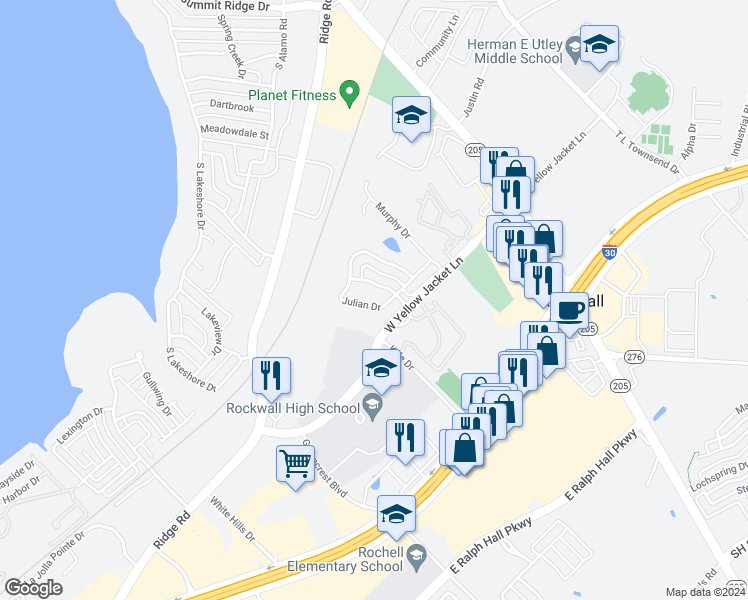 map of restaurants, bars, coffee shops, grocery stores, and more near 132 Julian Drive in Rockwall