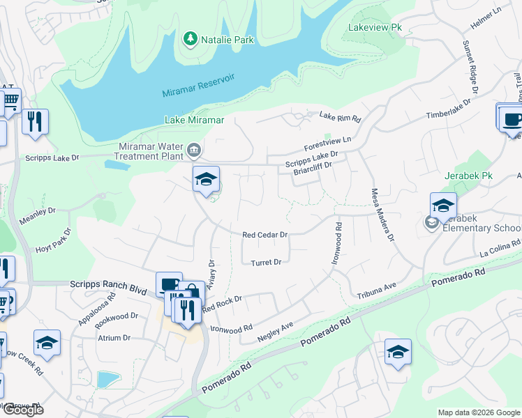 map of restaurants, bars, coffee shops, grocery stores, and more near 11064 Red Cedar Drive in San Diego