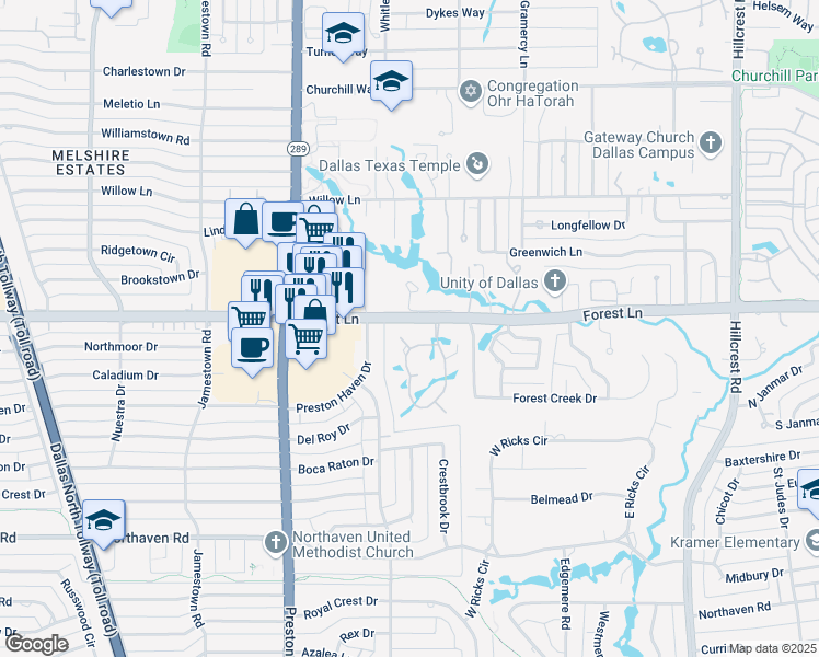map of restaurants, bars, coffee shops, grocery stores, and more near 27 Robledo Drive in Dallas