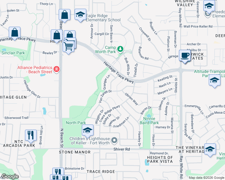 map of restaurants, bars, coffee shops, grocery stores, and more near 4825 Aidan Court in Fort Worth