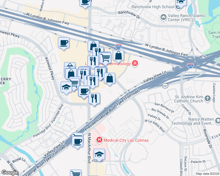map of restaurants, bars, coffee shops, grocery stores, and more near 7457 Las Colinas Blvd in Irving