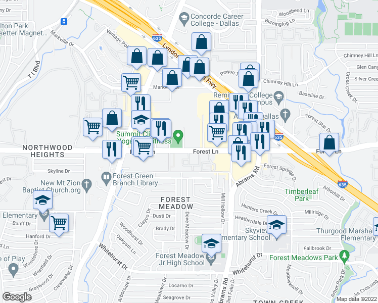 map of restaurants, bars, coffee shops, grocery stores, and more near 9254 Forest Lane in Dallas
