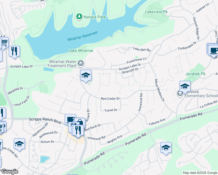 map of restaurants, bars, coffee shops, grocery stores, and more near 11064 Red Cedar Drive in San Diego