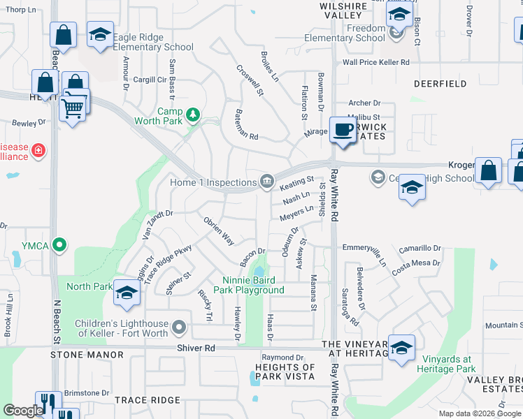 map of restaurants, bars, coffee shops, grocery stores, and more near 5000 Meyers Lane in Fort Worth