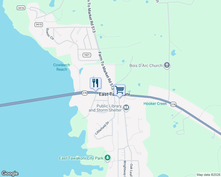 map of restaurants, bars, coffee shops, grocery stores, and more near 121 County Road 513 in East Tawakoni
