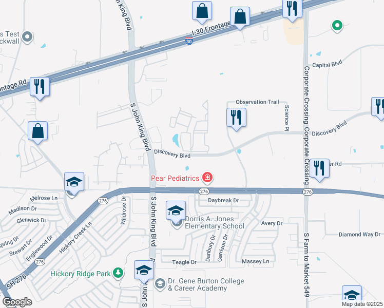 map of restaurants, bars, coffee shops, grocery stores, and more near Discovery Boulevard in Rockwall