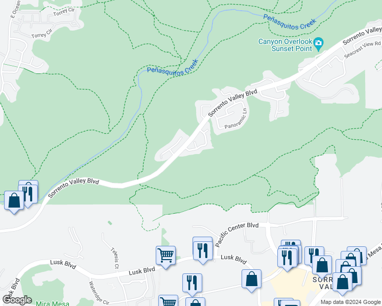 map of restaurants, bars, coffee shops, grocery stores, and more near 5231 Setting Sun Way in San Diego