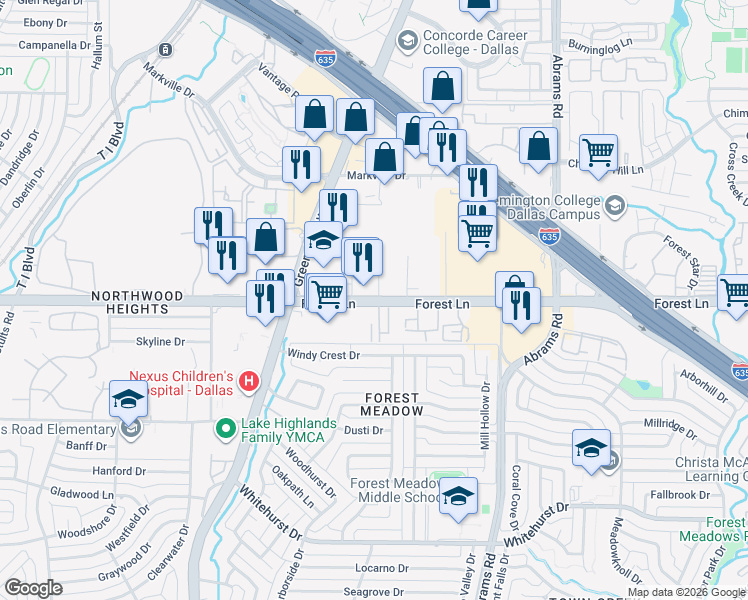 map of restaurants, bars, coffee shops, grocery stores, and more near 9170 Forest Lane in Dallas