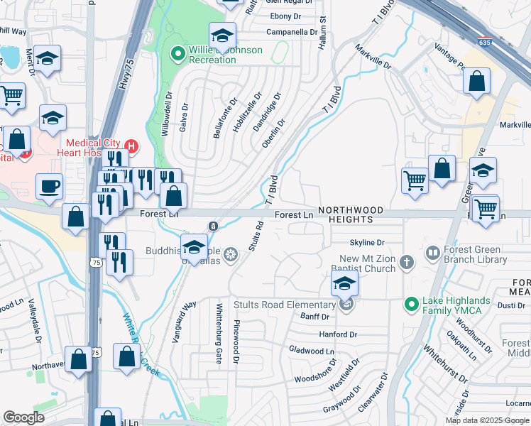 map of restaurants, bars, coffee shops, grocery stores, and more near 8350 Stults Road in Dallas