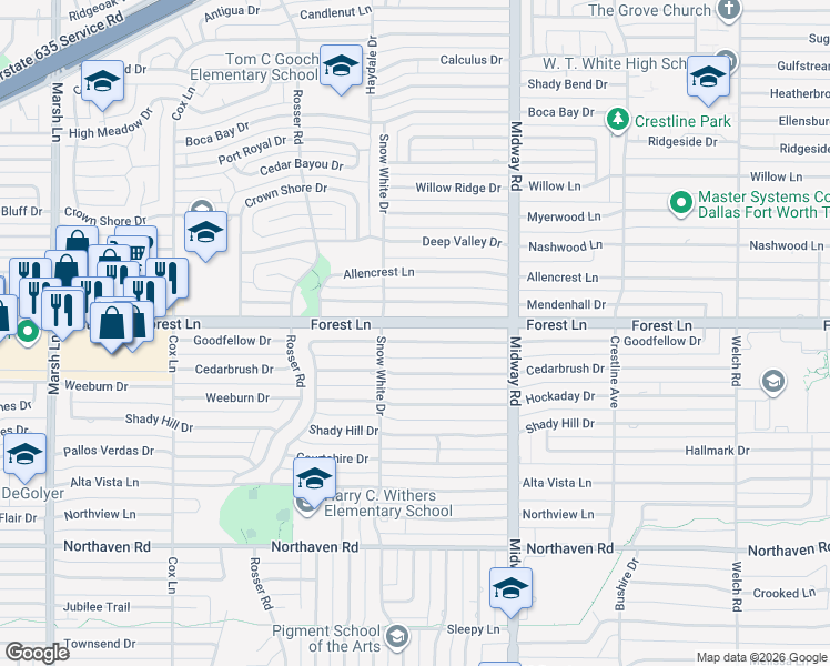 map of restaurants, bars, coffee shops, grocery stores, and more near 4048 Goodfellow Drive in Dallas