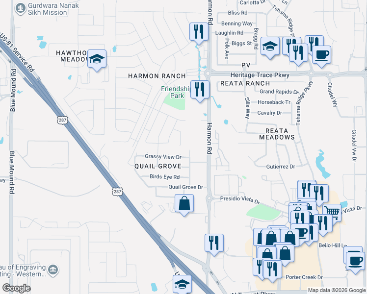 map of restaurants, bars, coffee shops, grocery stores, and more near 9209 White Swan Place in Fort Worth