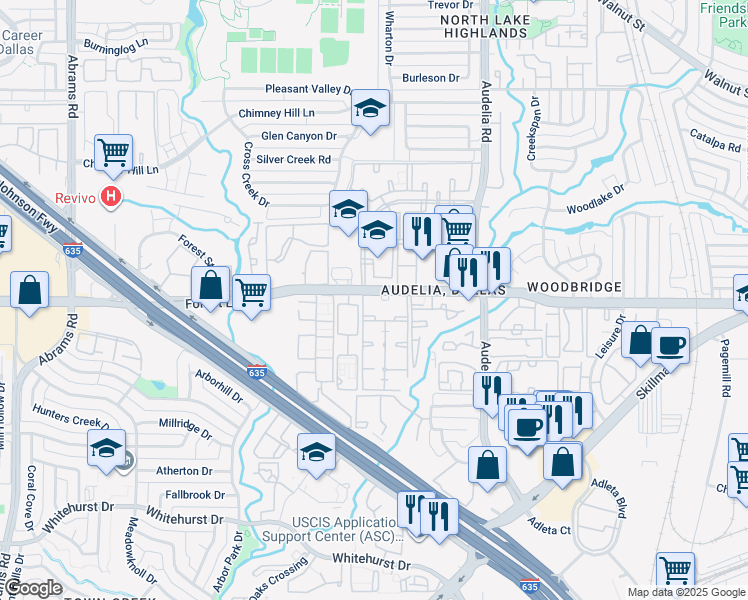 map of restaurants, bars, coffee shops, grocery stores, and more near 9690 Forest Lane in Dallas