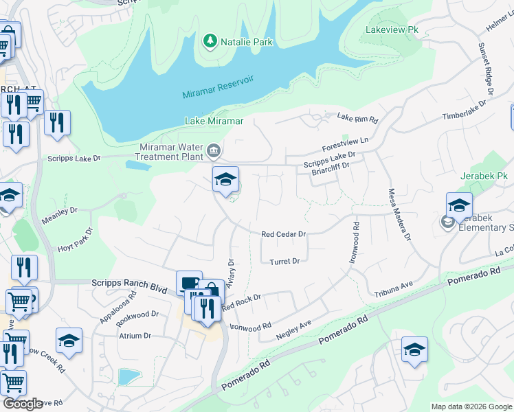 map of restaurants, bars, coffee shops, grocery stores, and more near 10317 Ridgewater Lane in San Diego