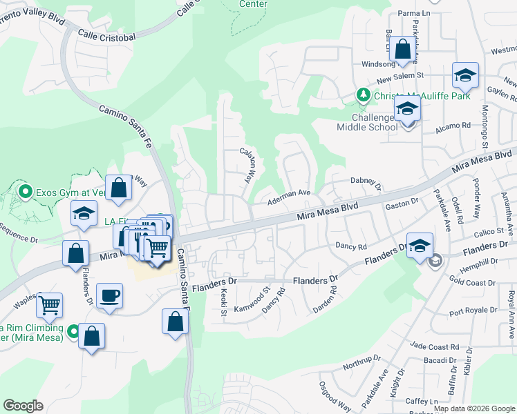 map of restaurants, bars, coffee shops, grocery stores, and more near 7210 Fargate Terrace in San Diego