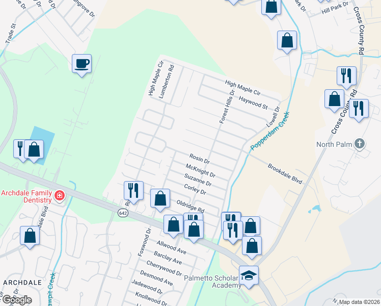 map of restaurants, bars, coffee shops, grocery stores, and more near 7740 Buck Pond Road in North Charleston