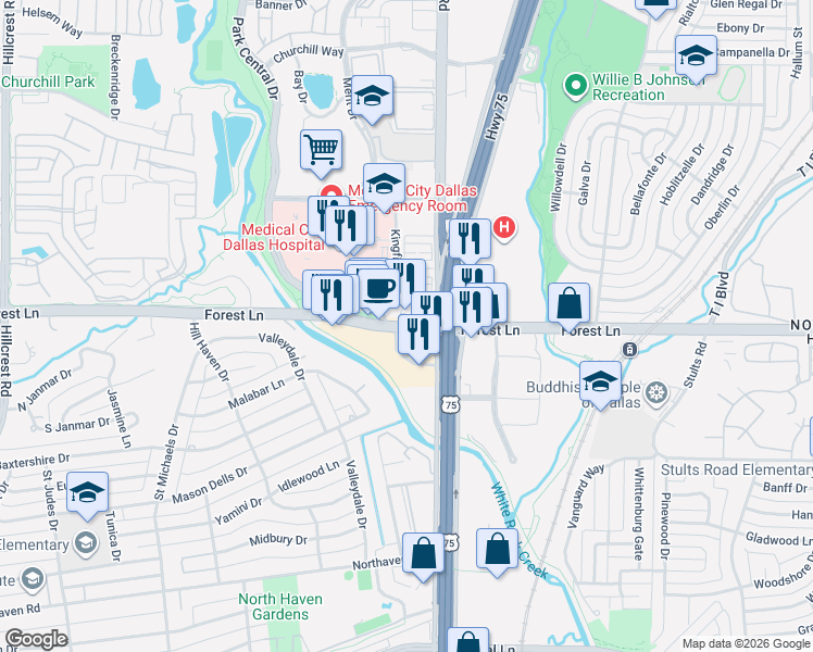 map of restaurants, bars, coffee shops, grocery stores, and more near 7852 Forest Lane in Dallas
