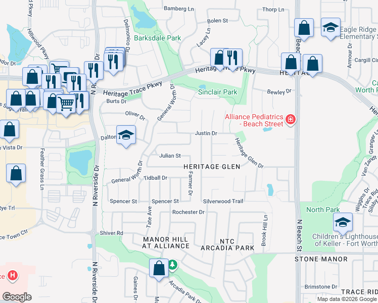 map of restaurants, bars, coffee shops, grocery stores, and more near 4017 Vernon Way in Fort Worth